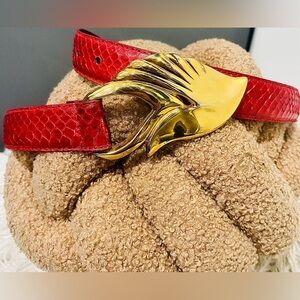 Women’s Vintage Genuine Snakeskin Leather Red Belt Gold Tone Belt Buckle Size M